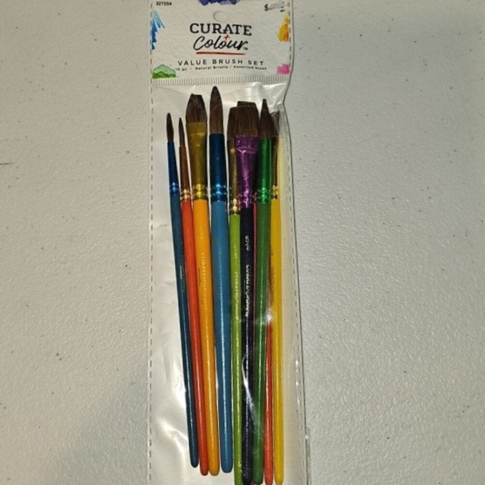 Curate Colour Value Paintbrush Set 10pc Natural Bristles Assorted Sizes New